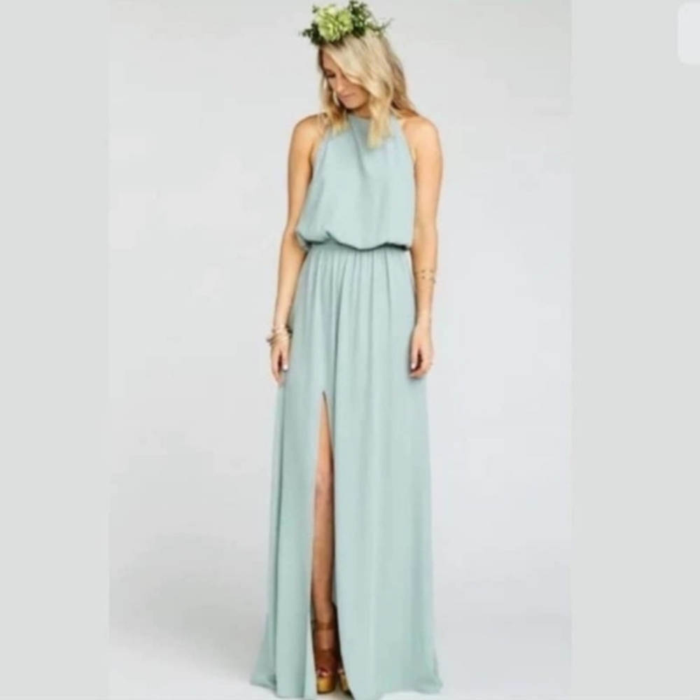 NWT Show Me Your Mumu Heather Halter Dress in Silver Sage Crisp